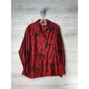 YakMagik Shirt Womens Medium Red 100% Silk Embroidered Sequin Boho Top